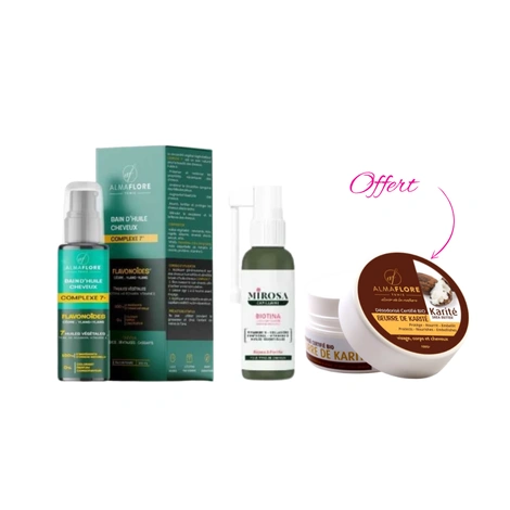  ALMAFLORE BAIN DE HUILE +BIOTINA SPRAY ANTI CHUTE 50ML+BEURRE DE KARITE OFFERT 