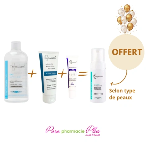 COFFRET INNOVADERM  EAU MICCELLAIRE 400ML + INNOVADERM CREME MAINS 100ML  + BAUME A LEVRE+MOUSSE NETTOYANTE 150ML OFFERTE 