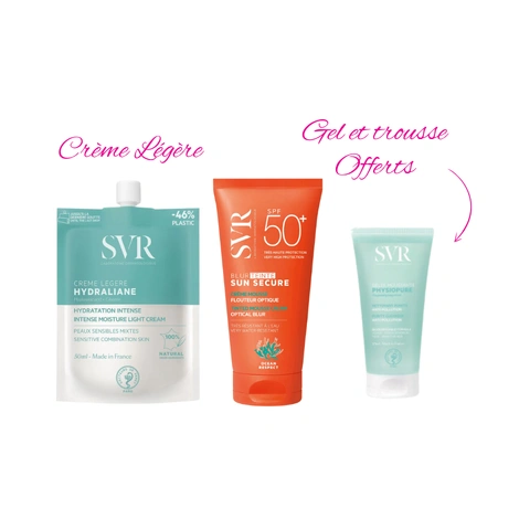  SVR HYDRALIANE CREME LEGERE 50ML+SVR SUN SECURE +GEL 55ML ET TROUSSE OFFERTE 
