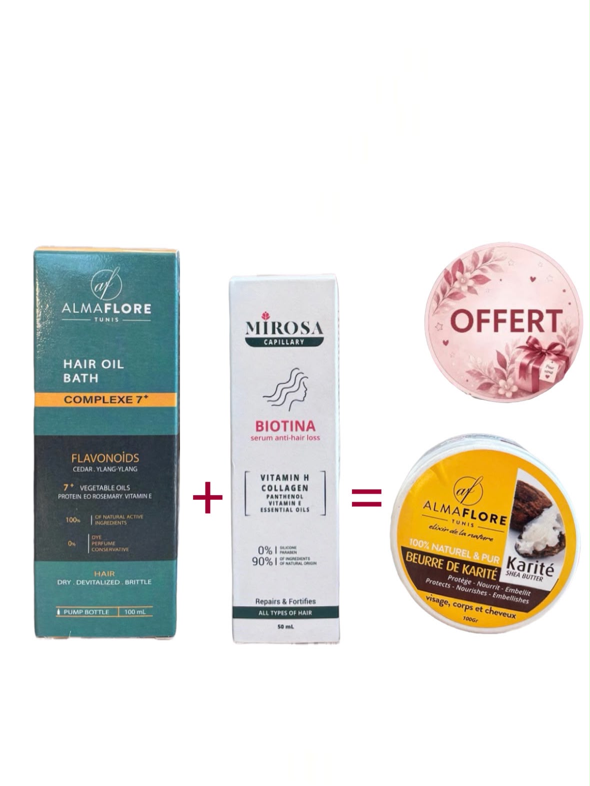 ALMAFLORE BAIN DE HUILE 100 ML + MIROSA BIOTINA SERUM ANTI CHUTE 50ML+ALMAFLORE BEURRE DE KARITE OFFERT