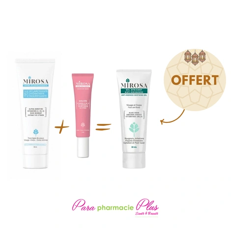  MIROSA CREME ECLAIRCISSANTE 100ML +MIROSA CREME ANTI CERNES 15ML + MIROSA GEL APAISANT ANTI-ROUGEURS 100 ML OFFERT  