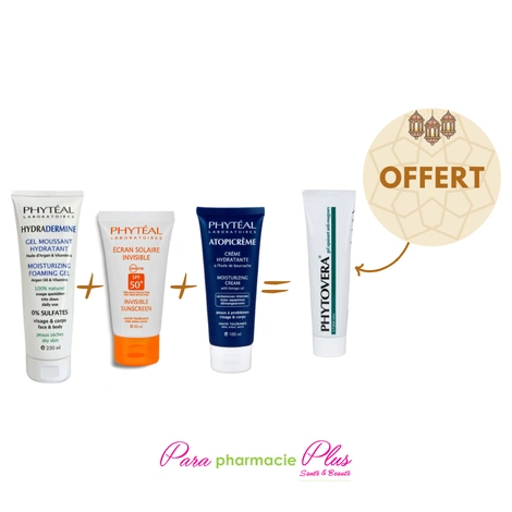  PHYTEAL HYDRADERMINE GEL 250ML + PHYTEAL ECRAN INVISIBLE SPF50 50 ML+ ATOPICREME CREME 100ML + PHYTOVERA GEL APAISANT OFFERT  