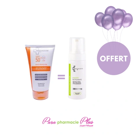  INNOVADERM SUNNY LAIT SOLAIRE 50+150ML + INNOVADERM MOUSSE NETTOYANTE P MIXTES/GRASSE 150ML OFFERT 