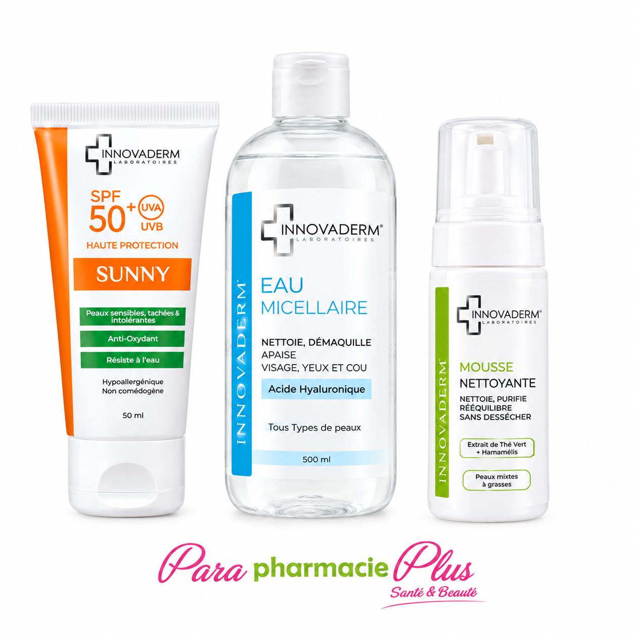  INNOVADERM COFFRET PEAU GRASSE : SUNNY CREME SOLAIRE 50ML + EAU MICELLAIRE + MOUSSE NETTOYANTE OFFERTE OFFERTE