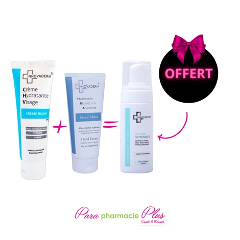  COFFRET INNOVADERM CREME RICHE SPF20 50ML+ INNOVADERM CREME MAINS 100ML +MOUSSE NETTOYANTE 150ML OFFERTE 
