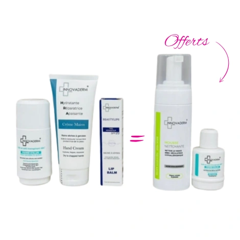  coffret innovaderm roll on+ crème a mains+ baume a levres+ mousse nettoyante et recharge offerts