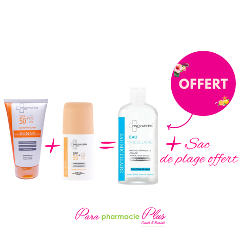   INNOVADERM COFFRET: SUNNY LAIT SOLAIRE 150ML + ECRAN TEINTE + EAU MICELLAIRE + SAC DE PLAGE OFFERT  
