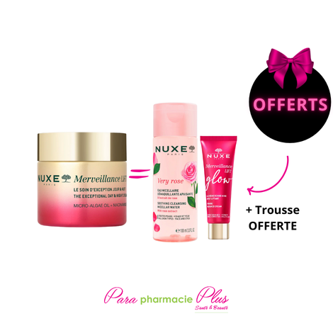  COFFRET NUXE MERVEILLANCE LIFT + NUXE VERY ROSE DEMAQUILLENTE + CREME GLOW +TROSSE OFFERTS  
