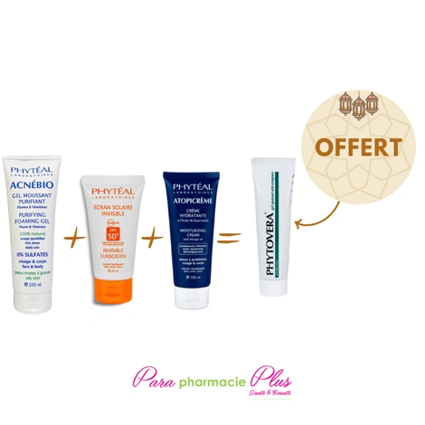  PHYTEAL ACNEBIO GEL 250ML + PHYTEAL ECRAN INVISIBLE SPF50 50 ML+ ATOPICREME CREME 100ML + PHYTOVERA GEL APAISANT OFFERT 