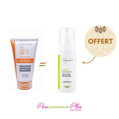  INNOVADERM SUNNY LAIT SOLAIRE 50+150ML + INNOVADERM MOUSSE NETTOYANTE P MIXTES/GRASSE 150ML OFFERT 