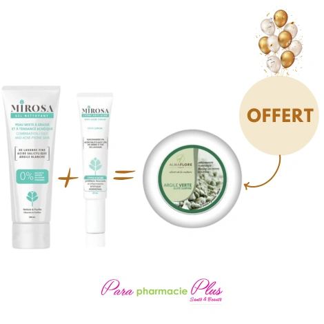 mirosa gel nettoyant 200ml+ crème anti acné 20ml + argile vert 200gr offert