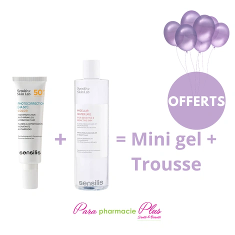  SENSILIS PHOTOCORRECTION ECRAN FLUID TEINTE SPF 50 50ML + EAU MICELLAIRE 400ML + TROUSSE + MINI GEL OFFERT  