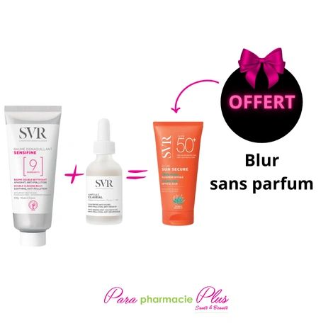  SVR PACK SENSIFINE BAUME DEMAQUILLANT+AMPOULE CLARIAL +SUN SECURE BLUR SANS PARFUMF OFFERT 