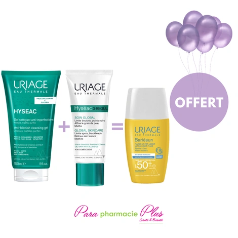  URIAGE HYSEAC GEL 200L + URIAGE HYSEAC 3 REGUL SOIN GLOBAL 40 ML + URIAGE BARIESUN FLUIDE ULTRA LEGER SPF50+ 30ML OFFERT  