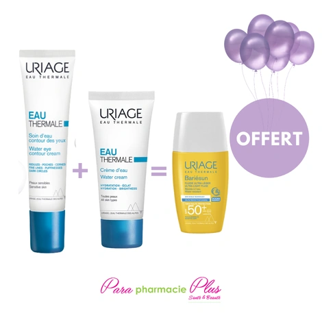  URIAGE SOIN D'EAU CONTOUR DES YEUX 15 ML+URIAGE CREME D'EAU THERMALE TOUS TYPES DE PEAUX 40ML + ECRAN  URIAGE BARIESUN  OFFERT  