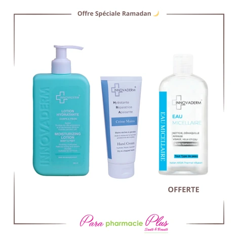  COFFRET INNOVADERM LOTION HYDRATANTE 380ML+ CREME MAINS 100ML+ EAU MICCELLAIRE 400ML OFFERTE 